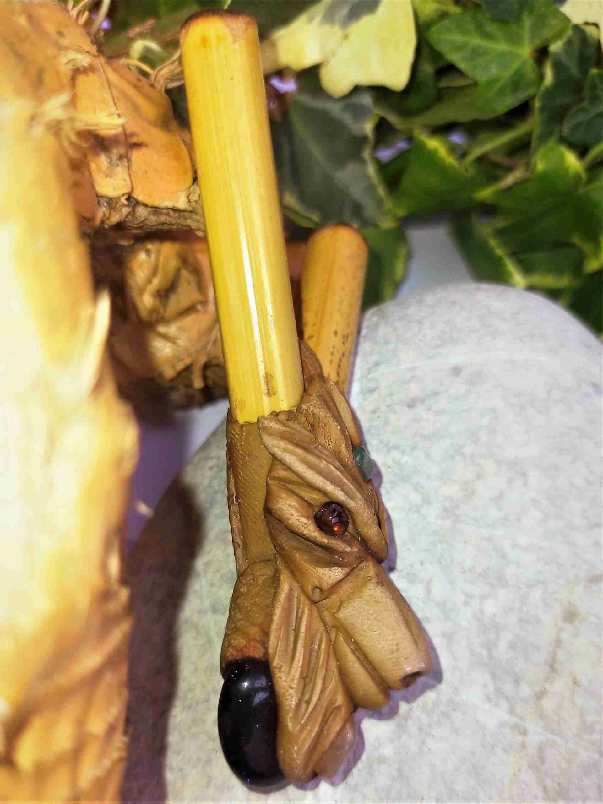 Kuripe Bambu Totem LUPO Amuleto-con Pietre potenti
