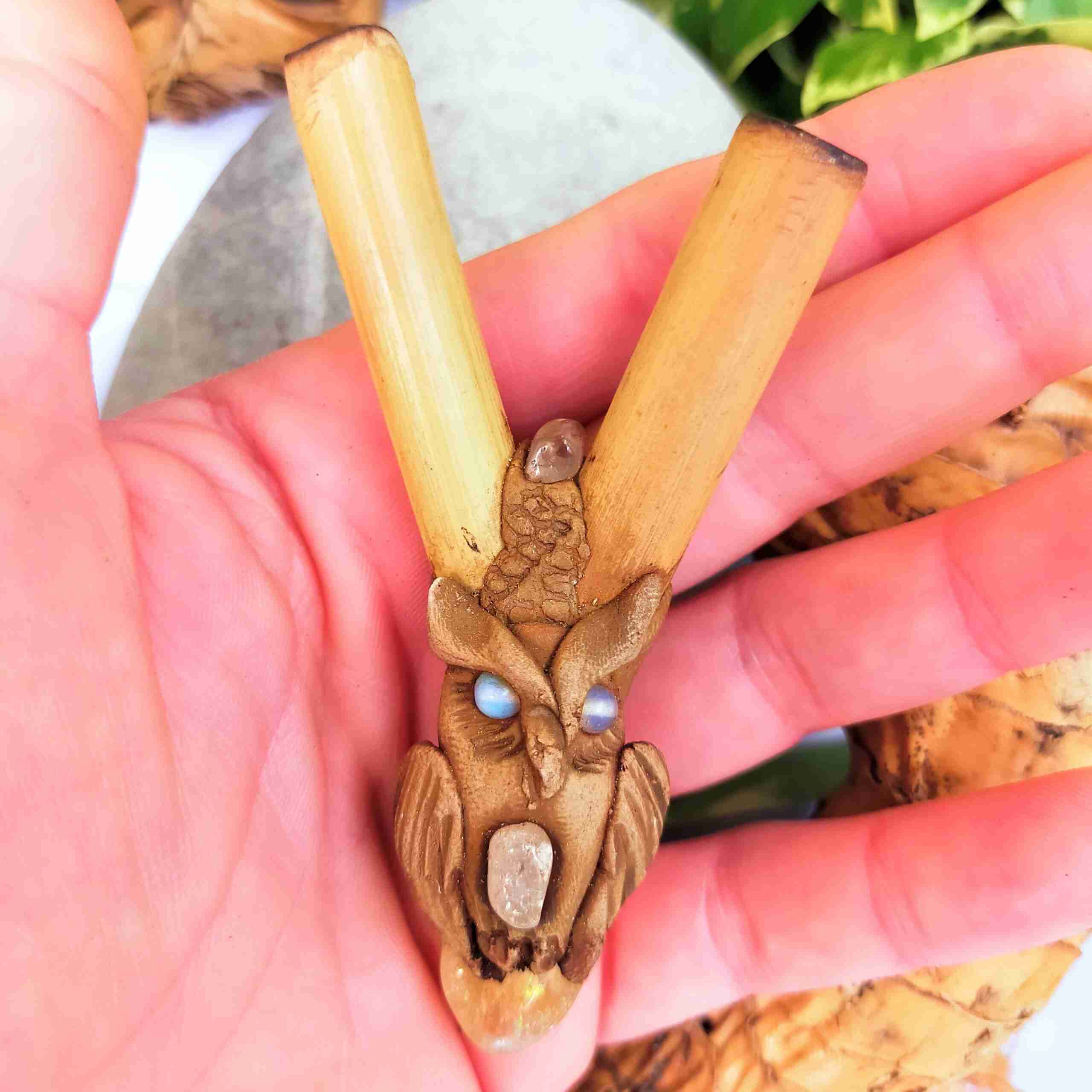 Kuripe Bamboo Totem OWL Amulet with Stones powerful